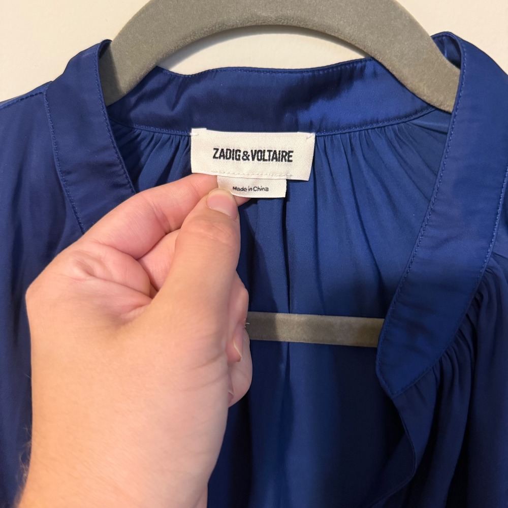 Zadig & Voltaire Tink Satin Blouse Royal Blue V-Neck Long Sleeve XS - Picture 3 of 5
